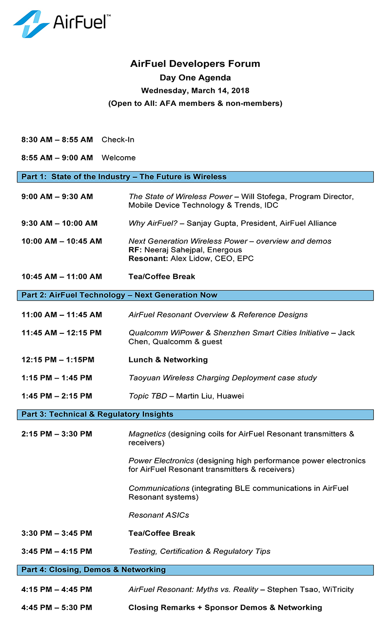 AirFuel無線充電大會暨開發(fā)者論壇完整日程搶先出爐