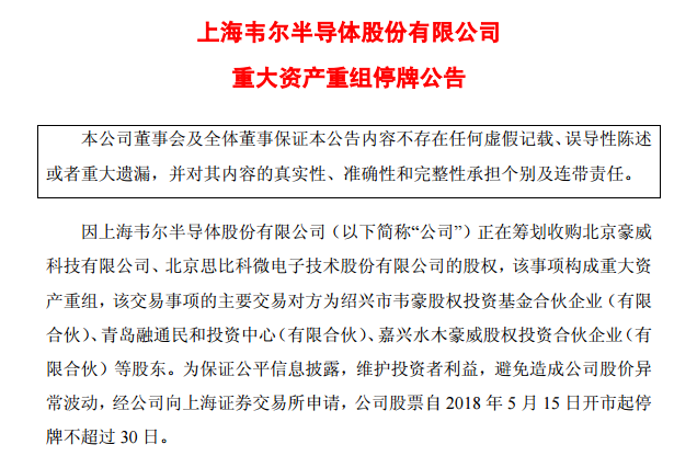 重磅！韋爾股份籌劃收購北京豪威和思比科