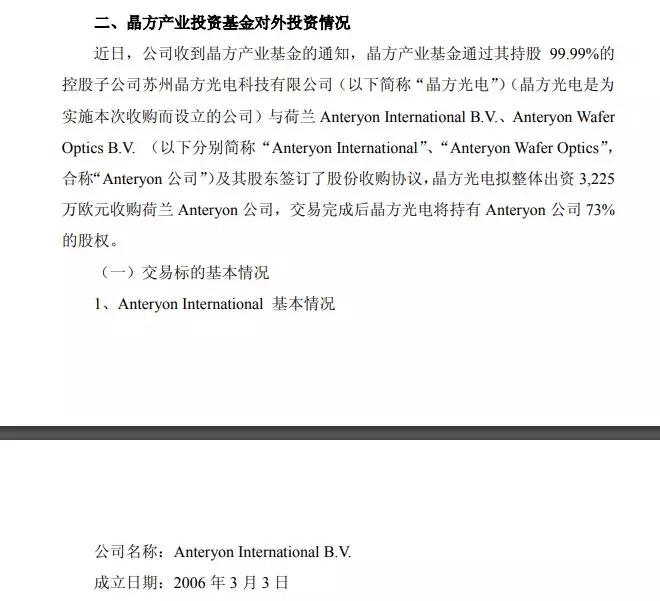 晶方科技：晶方產業基金擬3225萬歐元收購荷蘭Anteryon公司