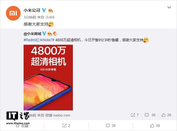 搭載4800萬超清相機 紅米Note7 9分36秒售罄